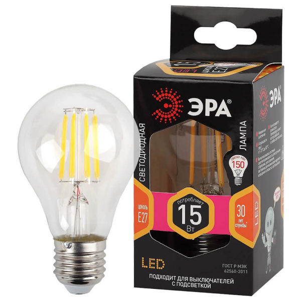 Лампа светодиодная филаментная ЭРА E27 15W 2700K прозрачная F-LED A60-15W-827-E27 Б0046981 Лампа светодиодная филаментная ЭРА E27 15W 2700K прозрачная F-LED A60-15W-827-E27 Б0046981
