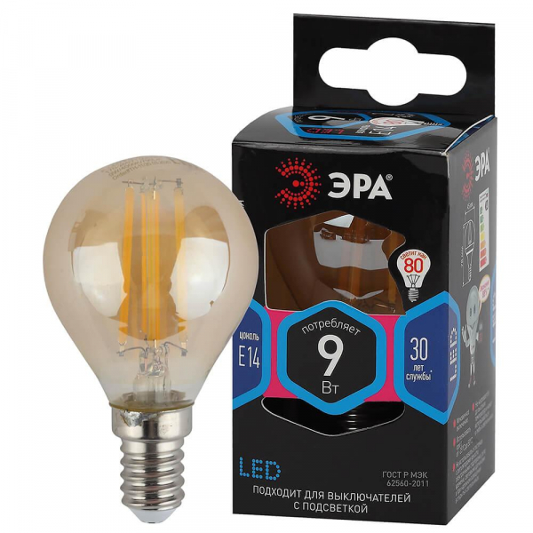 Лампа светодиодная филаментная ЭРА E14 9W 4000K золотая F-LED P45-9w-840-E14 gold Б0047028 Лампа светодиодная филаментная ЭРА E14 9W 4000K золотая F-LED P45-9w-840-E14 gold Б0047028