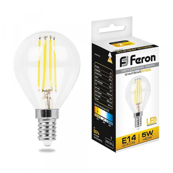 Лампа светодиодная филаментная Feron E14 5W 2700K Шар Прозрачная LB-61 25578 Лампа светодиодная филаментная Feron E14 5W 2700K Шар Прозрачная LB-61 25578