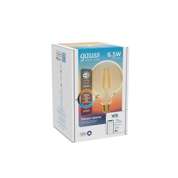 Лампа светодиодная диммируемая филаментная Gauss Smart Home Filament E27 6,5W 2000-5500K золотистая 1340112 Лампа светодиодная диммируемая филаментная Gauss Smart Home Filament E27 6,5W 2000-5500K золотистая 1340112