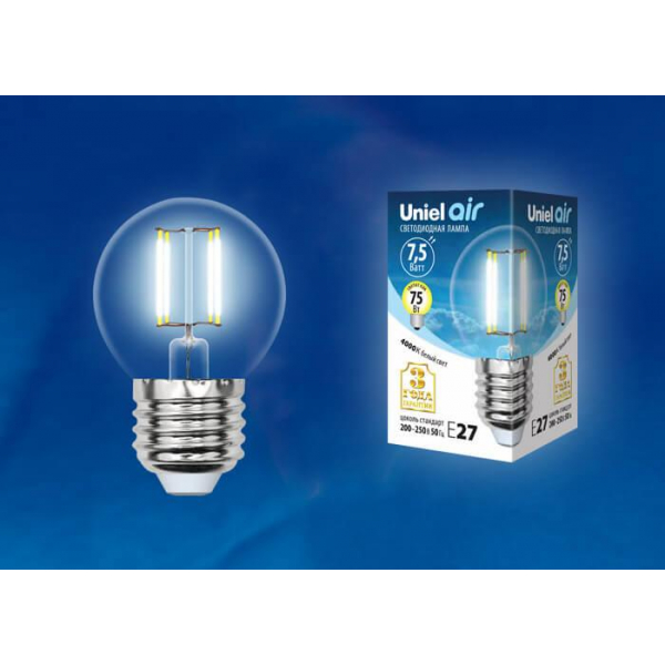 Лампа светодиодная филаментная Uniel E27 7,5W 4000K прозрачная LED-G45-7,5W/NW/E27/CL GLA01TR UL-00003255 Лампа светодиодная филаментная Uniel E27 7,5W 4000K прозрачная LED-G45-7,5W/NW/E27/CL GLA01TR UL-00003255