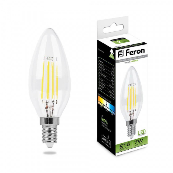 Лампа светодиодная филаментная Feron E14 7W 4000K Свеча Прозрачная LB-66 25780 Лампа светодиодная филаментная Feron E14 7W 4000K Свеча Прозрачная LB-66 25780