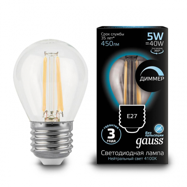 Лампа светодиодная диммируемая Gauss филаментная E27 5W 4100К прозрачная 105802205-D Лампа светодиодная диммируемая Gauss филаментная E27 5W 4100К прозрачная 105802205-D