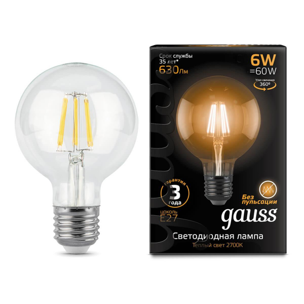 Лампа светодиодная филаментная Gauss E27 6W 2700K прозрачная 105802106 Лампа светодиодная филаментная Gauss E27 6W 2700K прозрачная 105802106