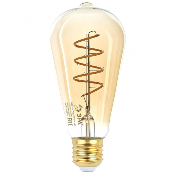 Лампа светодиодная филаментная ЭРА E27 7W 2400K прозрачная F-LED ST64-7W-824-E27 spiral gold Б0047665 Лампа светодиодная филаментная ЭРА E27 7W 2400K прозрачная F-LED ST64-7W-824-E27 spiral gold Б0047665