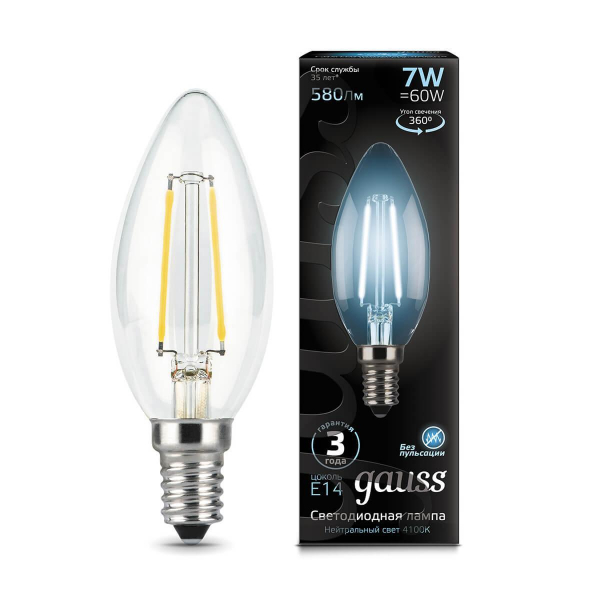 Лампа светодиодная филаментная Gauss E14 7W 4100К прозрачная 103801207 Лампа светодиодная филаментная Gauss E14 7W 4100К прозрачная 103801207