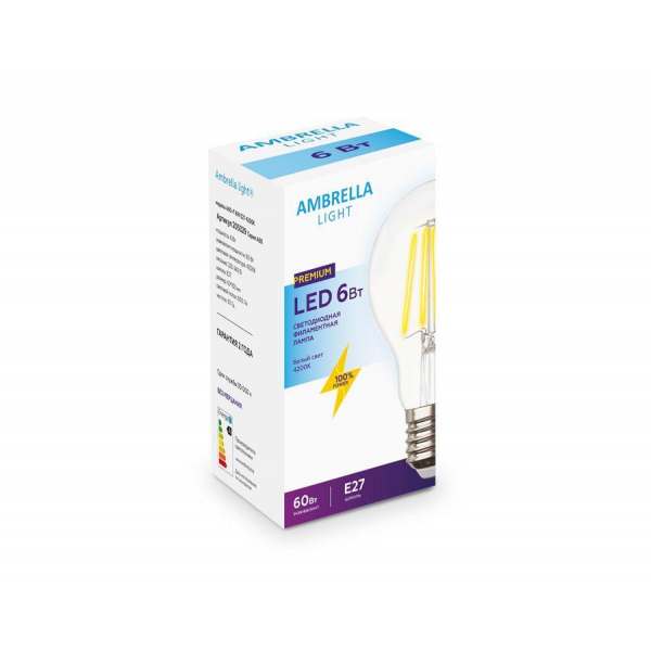 Лампа светодиодная филаментная Ambrella light E27 6W 4200K прозрачная 205029 Лампа светодиодная филаментная Ambrella light E27 6W 4200K прозрачная 205029