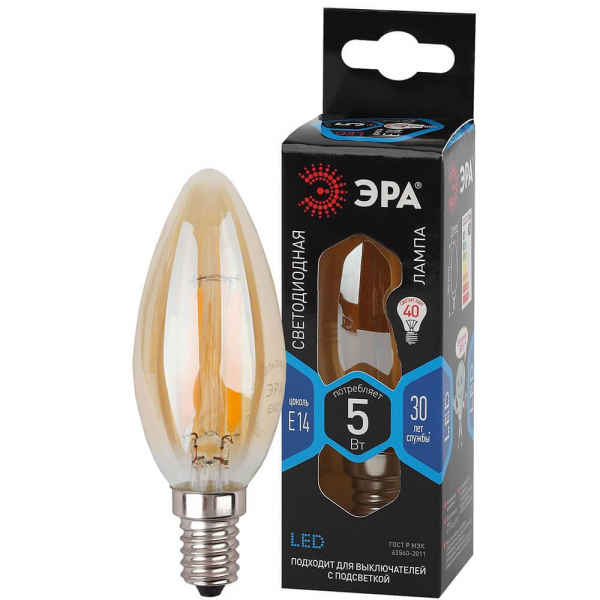 Лампа светодиодная филаментная ЭРА E14 5W 4000K золотая F-LED B35-5W-840-E14 gold Б0047032 Лампа светодиодная филаментная ЭРА E14 5W 4000K золотая F-LED B35-5W-840-E14 gold Б0047032