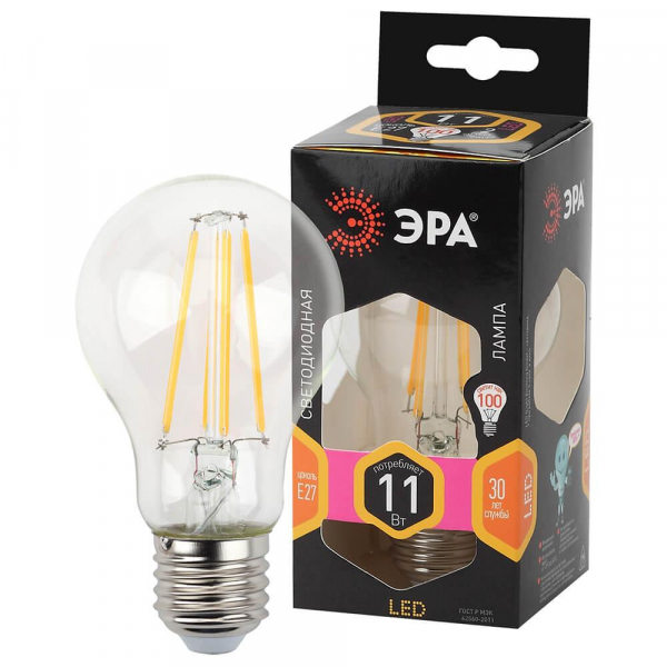 Лампа светодиодная филаментная ЭРА E27 11W 2700K прозрачная F-LED A60-11W-827-E27 Б0035025 Лампа светодиодная филаментная ЭРА E27 11W 2700K прозрачная F-LED A60-11W-827-E27 Б0035025