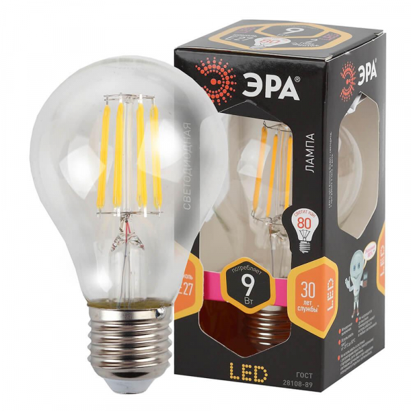 Лампа светодиодная филаментная ЭРА E27 9W 2700K прозрачная F-LED A60-9W-827-E27 Б0043433 Лампа светодиодная филаментная ЭРА E27 9W 2700K прозрачная F-LED A60-9W-827-E27 Б0043433