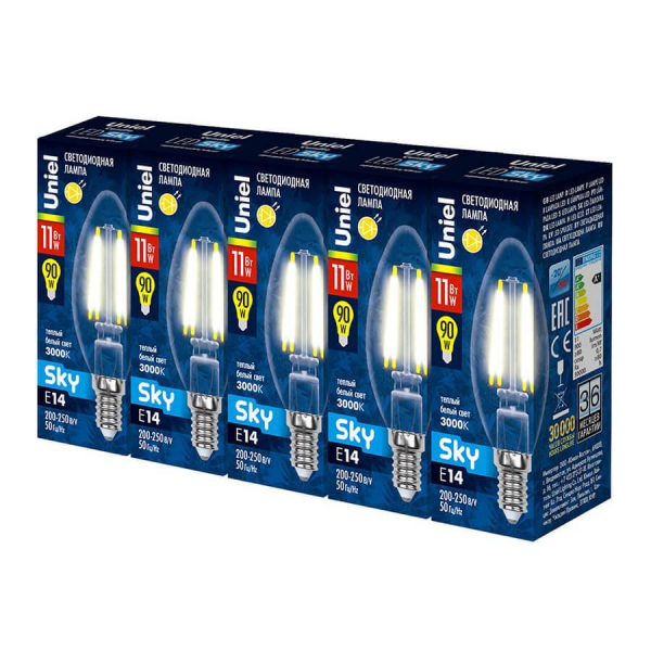 Набор светодиодных ламп филаментная Uniel E14 11W 3000K прозрачная LED-C35-11W/3000K/E14/CL PLS02WH UL-00008084 Набор светодиодных ламп филаментная Uniel E14 11W 3000K прозрачная LED-C35-11W/3000K/E14/CL PLS02WH UL-00008084