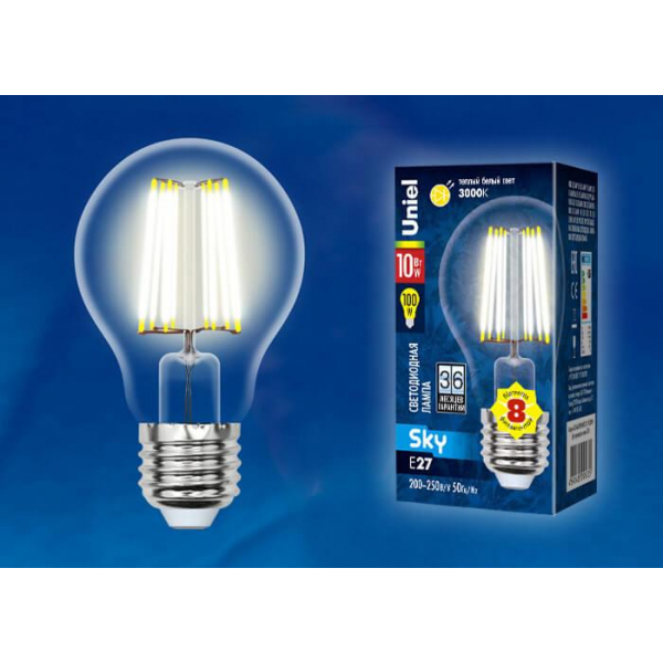 Лампа светодиодная филаментная Uniel E27 10W 3000K прозрачная LED-A60-10W/WW/E27/CL PLS02WH UL-00002625 Лампа светодиодная филаментная Uniel E27 10W 3000K прозрачная LED-A60-10W/WW/E27/CL PLS02WH UL-00002625