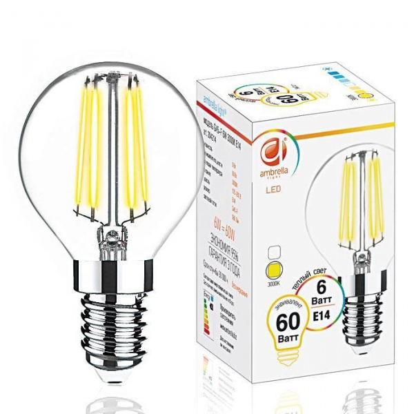 Лампа светодиодная филаментная Ambrella light E14 6W 3000K прозрачная 204214 Лампа светодиодная филаментная Ambrella light E14 6W 3000K прозрачная 204214