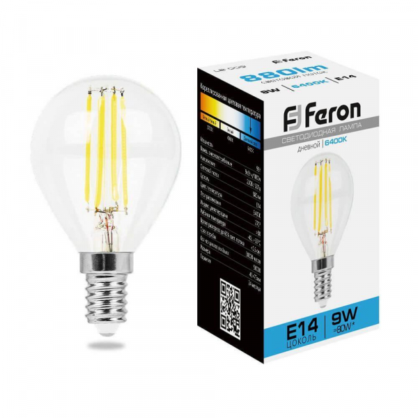 Лампа светодиодная филаментная Feron E14 9W 6400K прозрачная LB-509 38223 Лампа светодиодная филаментная Feron E14 9W 6400K прозрачная LB-509 38223