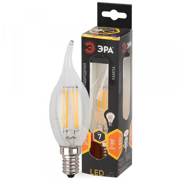 Лампа светодиодная филаментная ЭРА E14 7W 2700K прозрачная F-LED BXS-7W-827-E14 Б0027944