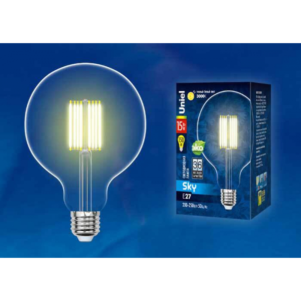 Лампа светодиодная филаментная Uniel E27 15W 3000K прозрачная LED-G125-15W/3000K/E27/CL PLS02WH UL-00004860 Лампа светодиодная филаментная Uniel E27 15W 3000K прозрачная LED-G125-15W/3000K/E27/CL PLS02WH UL-00004860