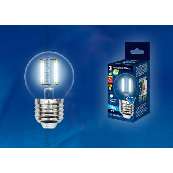 Лампа светодиодная филаментная Uniel E27 6W 4000K прозрачная LED-G45-6W/NW/E27/CL PLS02WH UL-00001370 Лампа светодиодная филаментная Uniel E27 6W 4000K прозрачная LED-G45-6W/NW/E27/CL PLS02WH UL-00001370