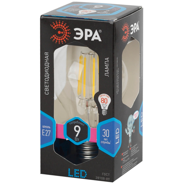 Лампа светодиодная филаментная ЭРА E27 9W 4000K прозрачная A60-9W-840-E27 frost Б0035034