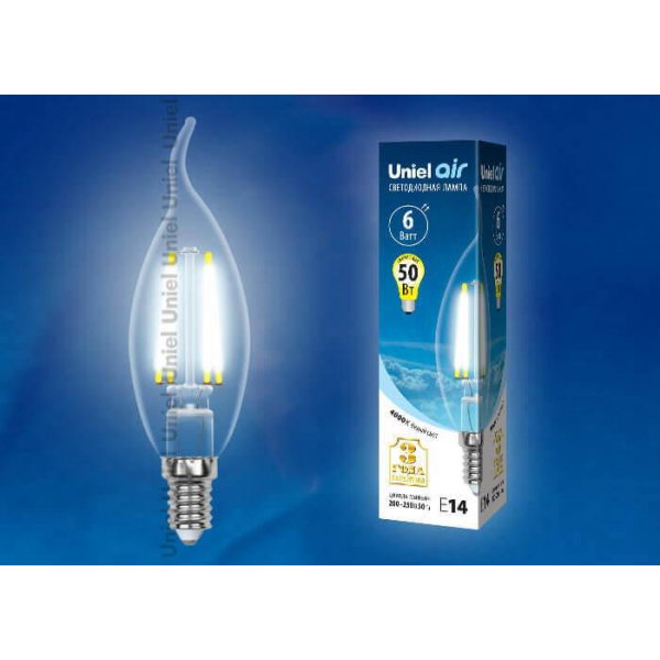 Лампа светодиодная филаментная Uniel E14 6W 4000K прозрачная LED-CW35-6W/NW/E14/CL GLA01TR UL-00002229 Лампа светодиодная филаментная Uniel E14 6W 4000K прозрачная LED-CW35-6W/NW/E14/CL GLA01TR UL-00002229