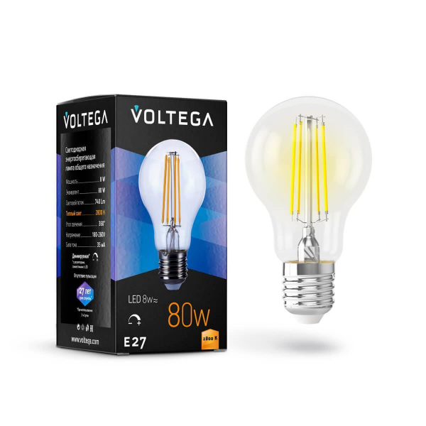Лампа светодиодная филаментная диммируемая Voltega E27 8W 2800К прозрачная VG10-А1E27warm8W-FD 5489 Лампа светодиодная филаментная диммируемая Voltega E27 8W 2800К прозрачная VG10-А1E27warm8W-FD 5489