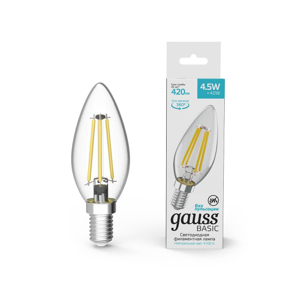 Лампа светодиодная филаментная Gauss E14 4,5W 4100К прозрачная 1031215 Лампа светодиодная филаментная Gauss E14 4,5W 4100К прозрачная 1031215