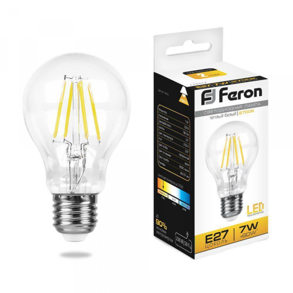 Лампа светодиодная филаментная Feron E27 7W 2700K Шар Прозрачная LB-57 25569 Лампа светодиодная филаментная Feron E27 7W 2700K Шар Прозрачная LB-57 25569