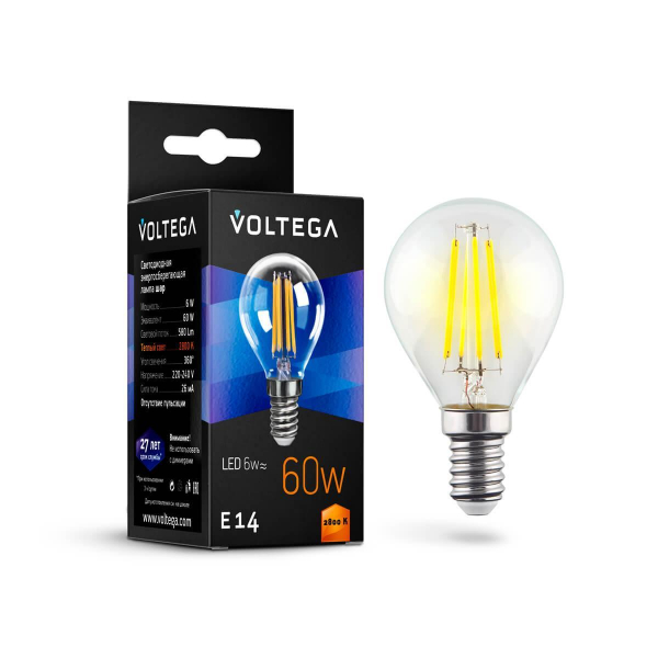 Лампа светодиодная филаментная Voltega E14 6W 2800К прозрачная VG10-G1E14warm6W-F 7021 Лампа светодиодная филаментная Voltega E14 6W 2800К прозрачная VG10-G1E14warm6W-F 7021