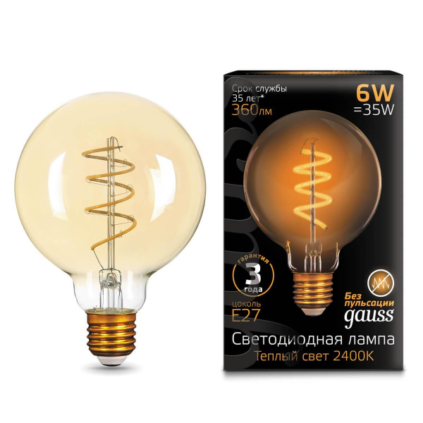 Лампа светодиодная филаментная Gauss E27 6W 2400K золотая 105802007 Лампа светодиодная филаментная Gauss E27 6W 2400K золотая 105802007