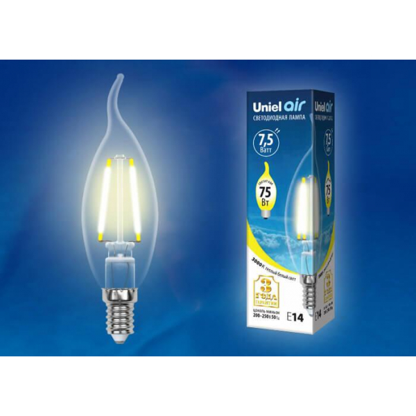 Лампа светодиодная филаментная Uniel E14 7,5W 3000K прозрачная LED-CW35-7,5W/WW/E14/CL GLA01TR UL-00003248 Лампа светодиодная филаментная Uniel E14 7,5W 3000K прозрачная LED-CW35-7,5W/WW/E14/CL GLA01TR UL-00003248