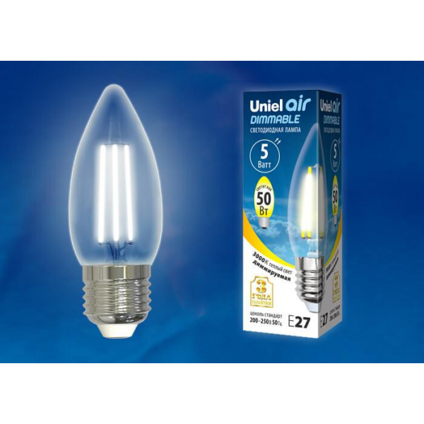 Лампа светодиодная филаментная диммируемая Uniel E27 5W 3000K прозрачная LED-C35-5W/WW/E27/CL/DIM UL-00003643 Лампа светодиодная филаментная диммируемая Uniel E27 5W 3000K прозрачная LED-C35-5W/WW/E27/CL/DIM UL-00003643
