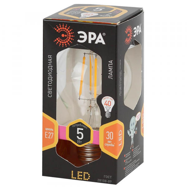 Лампа светодиодная филаментная ЭРА E27 5W 2700K прозрачная F-LED A60-5W-827-E27 Б0019010 Лампа светодиодная филаментная ЭРА E27 5W 2700K прозрачная F-LED A60-5W-827-E27 Б0019010