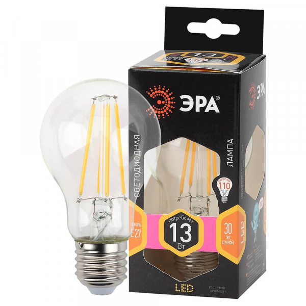 Лампа светодиодная филаментная ЭРА E27 13W 2700K прозрачная F-LED A60-13W-827-E27 Б0035027 Лампа светодиодная филаментная ЭРА E27 13W 2700K прозрачная F-LED A60-13W-827-E27 Б0035027