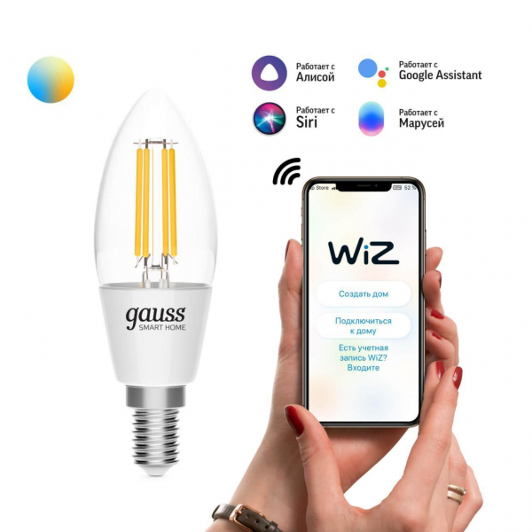 Лампа светодиодная диммируемая филаментная Gauss Smart Home Filament E14 4,5W 2000-6500K прозрачная 1250112 Лампа светодиодная диммируемая филаментная Gauss Smart Home Filament E14 4,5W 2000-6500K прозрачная 1250112