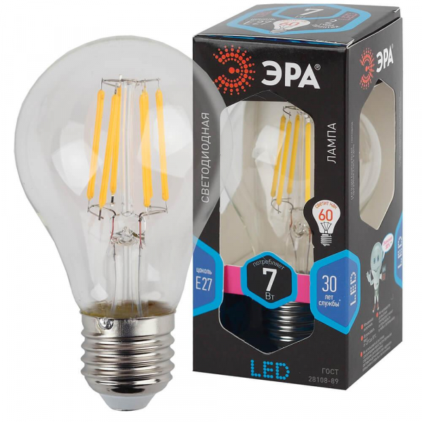 Лампа светодиодная филаментная ЭРА E27 7W 4000K прозрачная F-LED A60-7W-840-E27 Б0043447 Лампа светодиодная филаментная ЭРА E27 7W 4000K прозрачная F-LED A60-7W-840-E27 Б0043447
