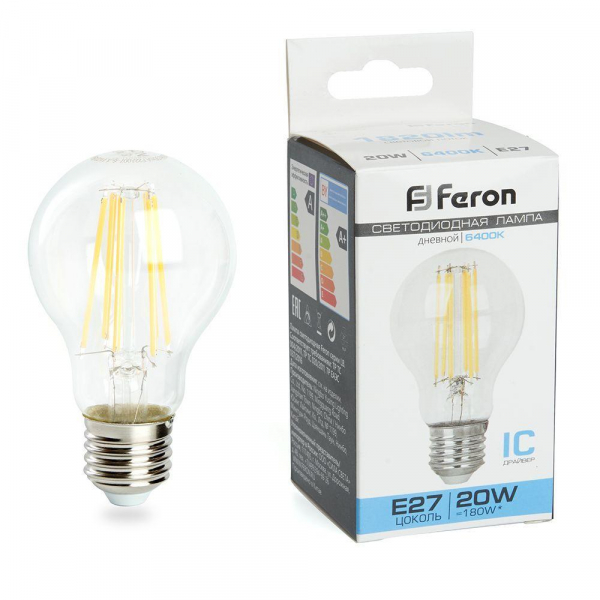 Лампа светодиодная филаментная Feron E27 20W 6400K прозрачная LB-620 48285 Лампа светодиодная филаментная Feron E27 20W 6400K прозрачная LB-620 48285