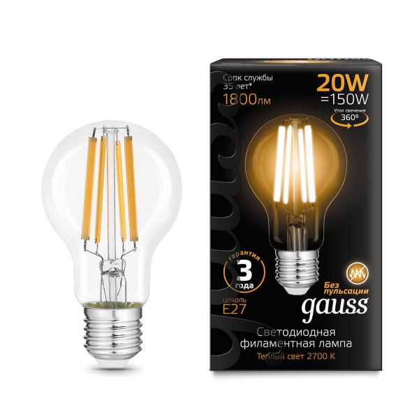 Лампа светодиодная филаментная Gauss E27 20W 2700K прозрачная 102902120 Лампа светодиодная филаментная Gauss E27 20W 2700K прозрачная 102902120