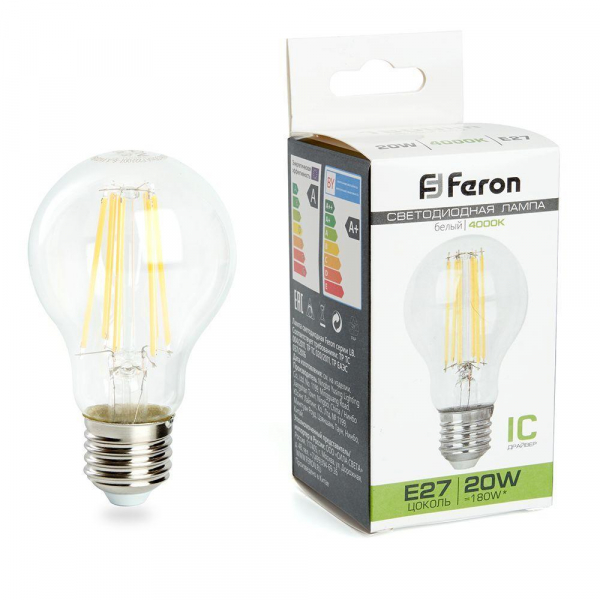 Лампа светодиодная филаментная Feron E27 20W 4000K прозрачная LB-620 38246 Лампа светодиодная филаментная Feron E27 20W 4000K прозрачная LB-620 38246