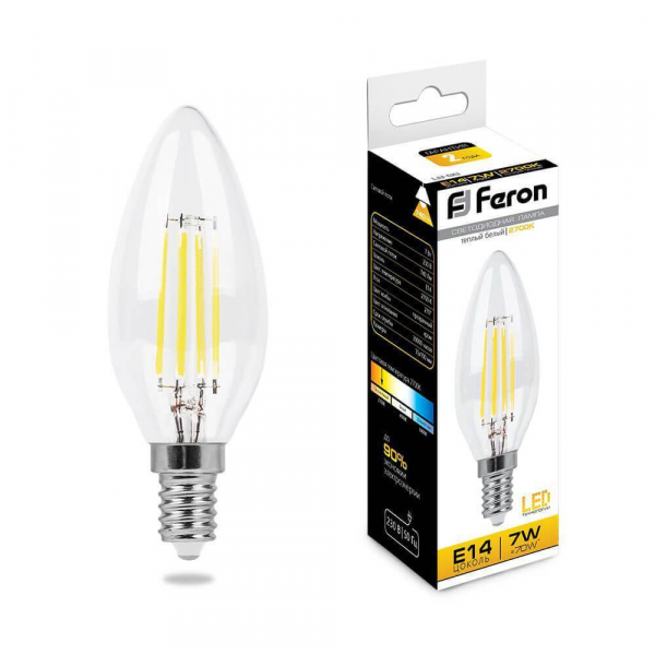 Лампа светодиодная филаментная Feron E14 7W 2700K Свеча Прозрачная LB-66 25726 Лампа светодиодная филаментная Feron E14 7W 2700K Свеча Прозрачная LB-66 25726