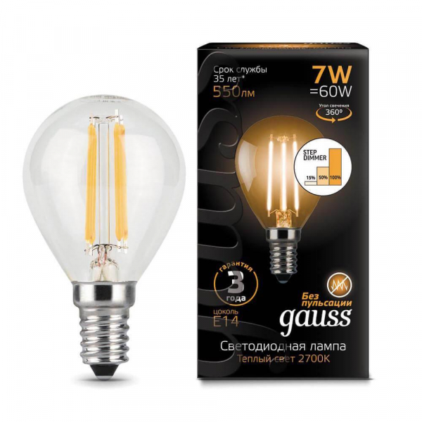Лампа светодиодная филаментная диммируемая Gauss E14 7W 2700K прозрачная 105801107-S Лампа светодиодная филаментная диммируемая Gauss E14 7W 2700K прозрачная 105801107-S