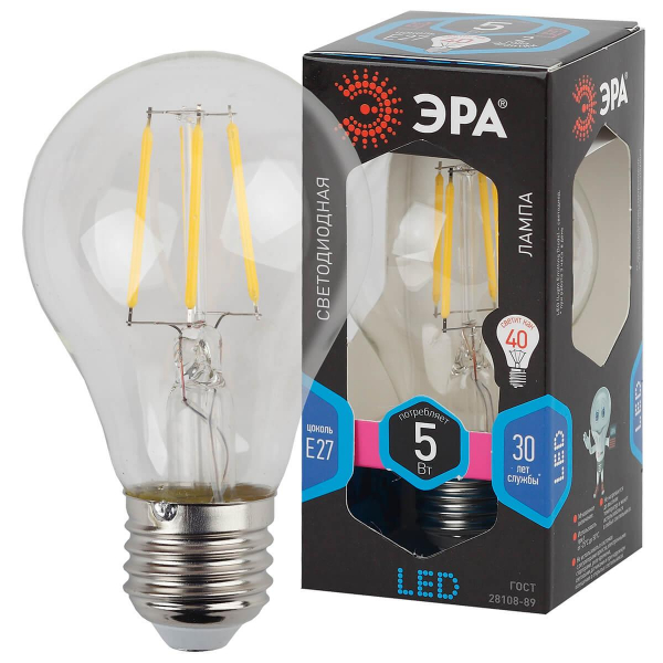 Лампа светодиодная филаментная ЭРА E27 5W 4000K прозрачная F-LED A60-5W-840-E27 Б0019011 Лампа светодиодная филаментная ЭРА E27 5W 4000K прозрачная F-LED A60-5W-840-E27 Б0019011