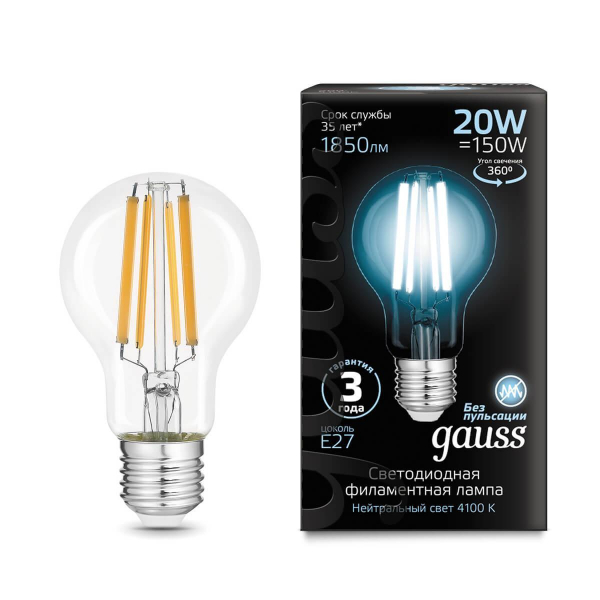 Лампа светодиодная филаментная Gauss E27 20W 4100K прозрачная 102902220 Лампа светодиодная филаментная Gauss E27 20W 4100K прозрачная 102902220