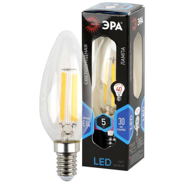 Лампа светодиодная филаментная ЭРА E14 5W 4000K прозрачная F-LED B35-5W-840-E14 Б0043449 Лампа светодиодная филаментная ЭРА E14 5W 4000K прозрачная F-LED B35-5W-840-E14 Б0043449