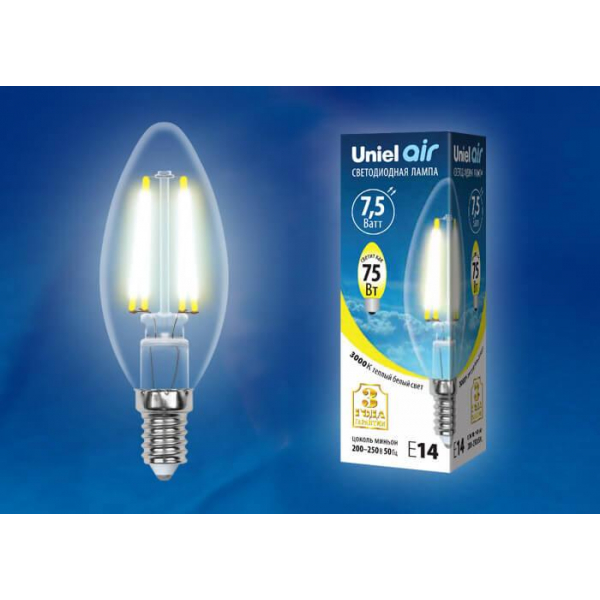 Лампа светодиодная филаментная Uniel E14 7,5W 3000K прозрачная LED-C35-7,5W/WW/E14/CL GLA01TR UL-00003245 Лампа светодиодная филаментная Uniel E14 7,5W 3000K прозрачная LED-C35-7,5W/WW/E14/CL GLA01TR UL-00003245
