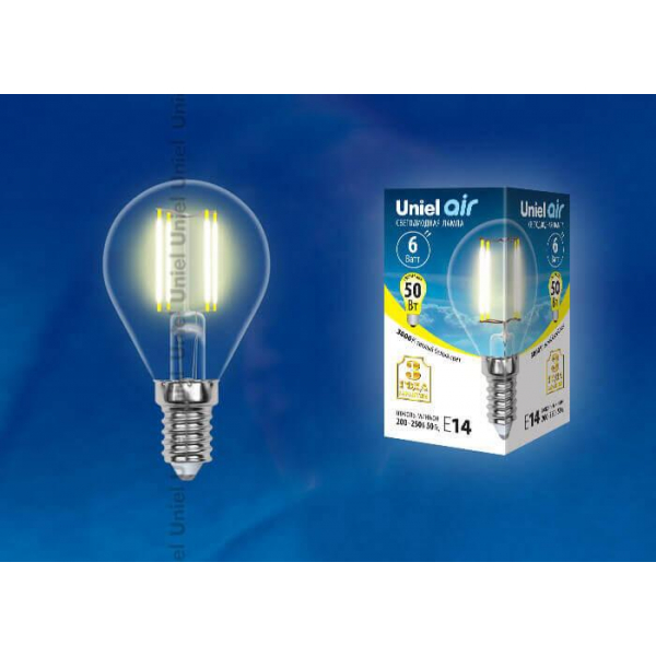 Лампа светодиодная филаментная Uniel E14 6W 3000K прозрачная LED-G45-6W/WW/E14/CL GLA01TR UL-00002201 Лампа светодиодная филаментная Uniel E14 6W 3000K прозрачная LED-G45-6W/WW/E14/CL GLA01TR UL-00002201
