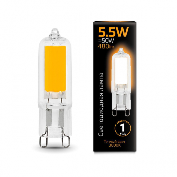 Лампа светодиодная Gauss G9 5.5W 3000K прозрачная 107809105 Лампа светодиодная Gauss G9 5.5W 3000K прозрачная 107809105