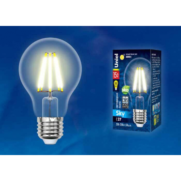 Лампа светодиодная филаментная Uniel E27 15W 3000K прозрачная LED-A70-15W/3000K/E27/CL PLS02WH UL-00004868 Лампа светодиодная филаментная Uniel E27 15W 3000K прозрачная LED-A70-15W/3000K/E27/CL PLS02WH UL-00004868