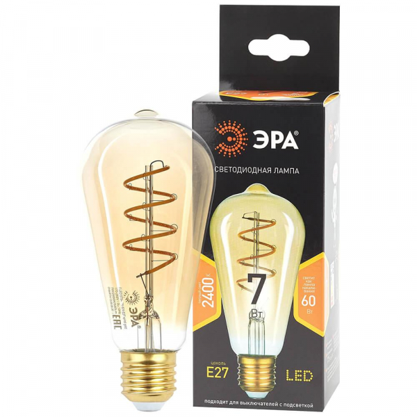 Лампа светодиодная филаментная ЭРА E27 7W 2400K прозрачная F-LED ST64-7W-824-E27 spiral gold Б0047665 Лампа светодиодная филаментная ЭРА E27 7W 2400K прозрачная F-LED ST64-7W-824-E27 spiral gold Б0047665
