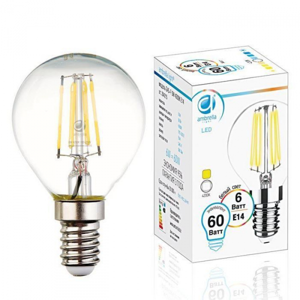 Лампа светодиодная филаментная Ambrella light E14 6W 4200K прозрачная 204215 Лампа светодиодная филаментная Ambrella light E14 6W 4200K прозрачная 204215