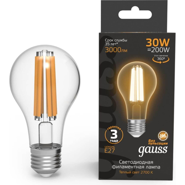 Лампа светодиодная филаментная Gauss E27 30W 2700K прозрачная 102902130 Лампа светодиодная филаментная Gauss E27 30W 2700K прозрачная 102902130