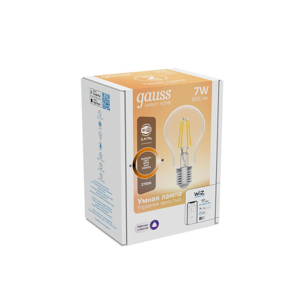 Лампа светодиодная диммируемая филаментная Gauss Smart Home Filament E27 7W 2700K прозрачная 1200112 Лампа светодиодная диммируемая филаментная Gauss Smart Home Filament E27 7W 2700K прозрачная 1200112